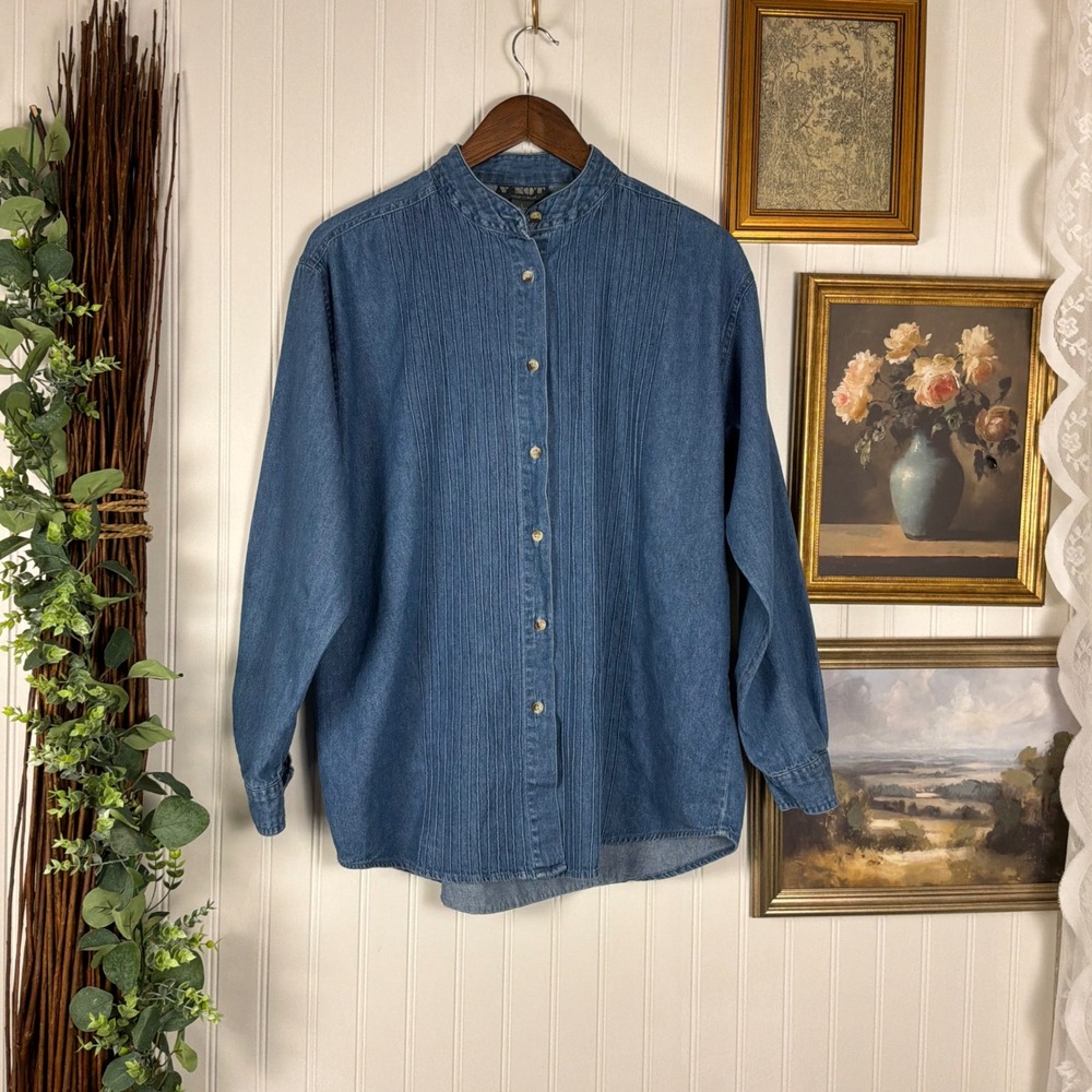 Y Not Sportswear Denim Shirt Women Large Blue Vintage Pleated Button Up